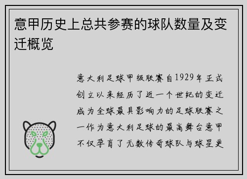 意甲历史上总共参赛的球队数量及变迁概览
