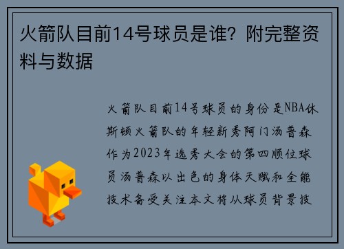火箭队目前14号球员是谁？附完整资料与数据